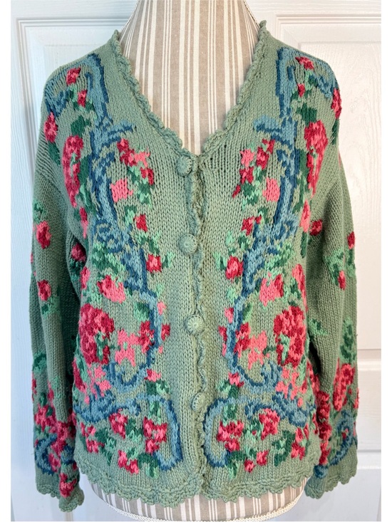 Lizsport Sweaters - 90s Liz Claiborne LizSport Hand Knit Sage Green Floral Cardigan Sweater Medium